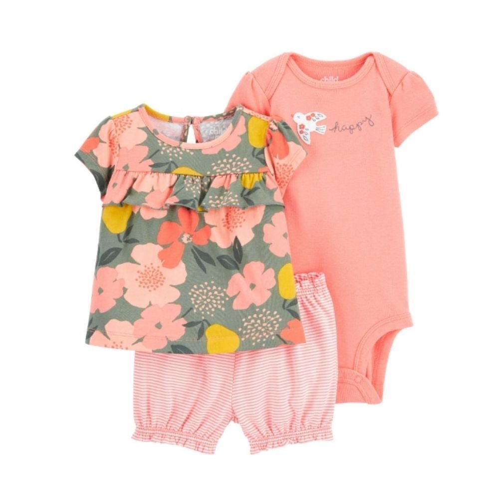 Baby Girl Outfit Short Sleeve Bodysuit, Ruffle Top & Short, 3-Piece Set